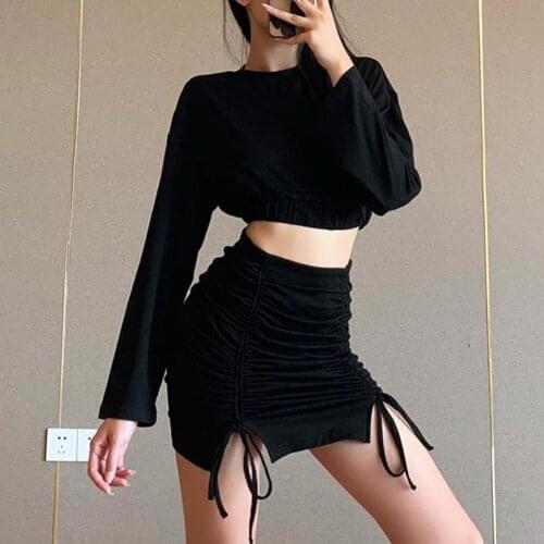 Black 2 Two Piece Set Women Ruched Crop Top and Skirt Set Sexy Club Outfits Long Sleeve Bodycon Shirt Women Matching Sets 2021