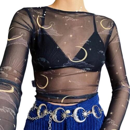 2020 Women New Fashion Printed See Through Crop Top Sexy Ladies Sheer Mesh Blouse Round Neck Long Sleeve Tops