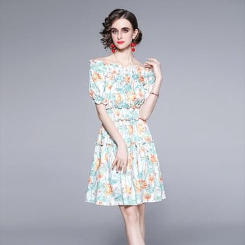 Summer Runway Holiday Floral Dress Women Off Shoulder Slash Neck Floral Print Designer Ruffles Elastic Waist Beach Short Dress