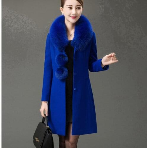 2019 autumn winter women new fashion large fur collar long single-breasted woolen cashmere coat lady large size laced wool coat