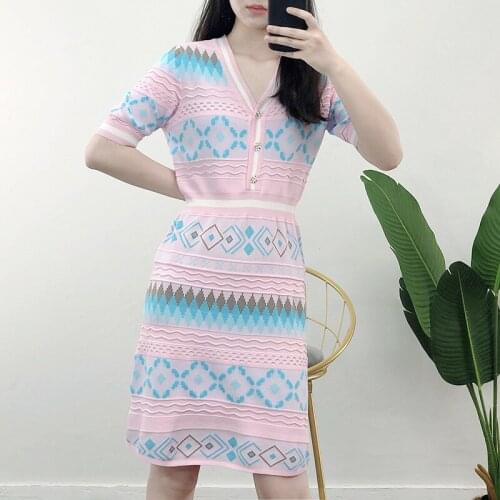 2021 Summer Fashion Slim Waist Knit Dress Women Elegant Stripe Patchwork V-Neck Female Dresses Sweater Clothes
