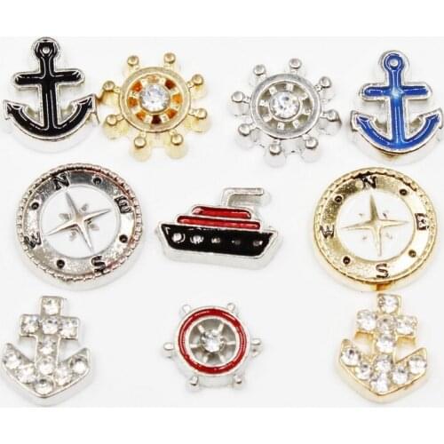 20pcs/lot Ship Compass Rudder Anchor Enamels Crystal Floating Charms For Glass Lockets Memory Pendant Jewelry