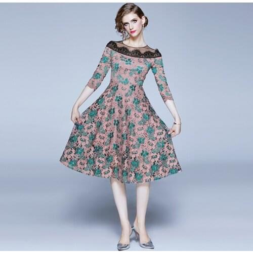 2020 Elegant Big Swing Office Lace Women Dress O-neck Hollow Out Summer Dresses Slim Sexy Party Casual Vestidos