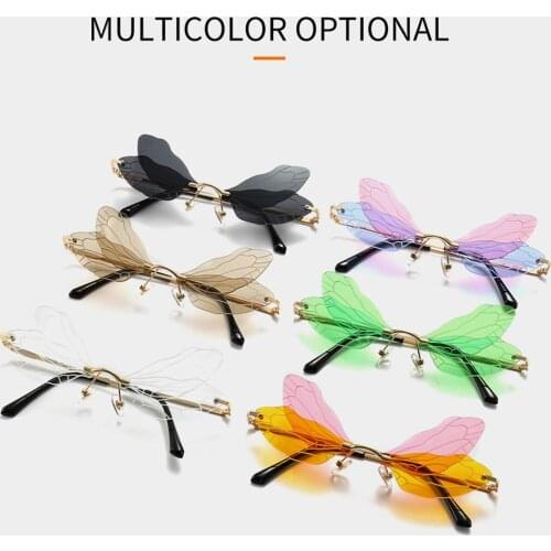 Fashion Rimless Dragonfly Wing Sunglasses Women Vintage Clear Ocean Lens Eyewear Men Pink Yellow Sun Glasses Shades UV400