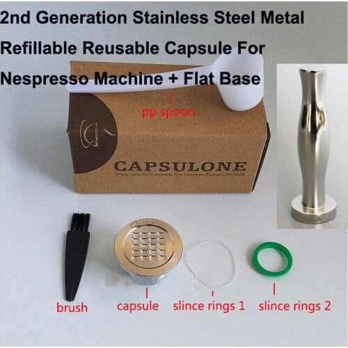 2nd Generation Stainless Steel Metal Refillable Reusable Capsule For Nespresso Machine + Flat Base Coffee Tamper