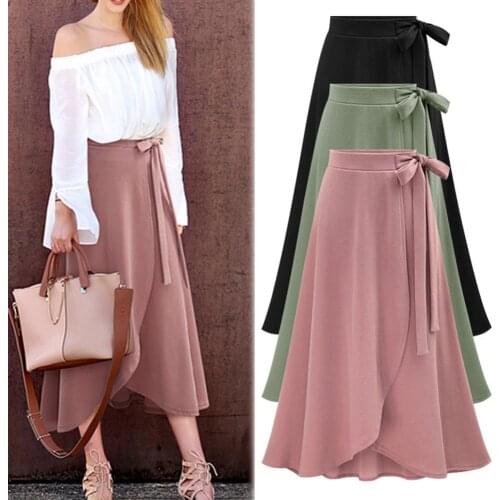 80% HOT SALES！！！Women Fashion Solid Color Bandage High Waist Pleated Split Cross Hem Long Skirt