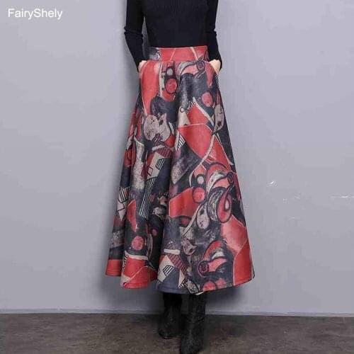 Fairyshely 2020 High Waist Pleated Skirt Women Autumn Winter Woolen Floral Print Maxi Skirt Ladies Pocket Long Skirt Plus Size
