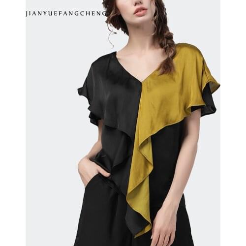 Fashion V-Neck Color Block Ladies Blouse Spring Summer New Short Sleeve Draped Ruffles Tops Plus Size Straight Casual Blouses