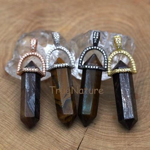 Newest Double Terminate Bronzite Stone Pencil Pendant, Gold Micro Paved Beads Cap Wholesale Point Pendant In 45*10 mm PM7454