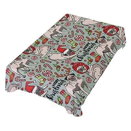 Pug Christmas Happy Tablecloth Wrinkle Resistant Table Cover Dining Room Kitchen Party