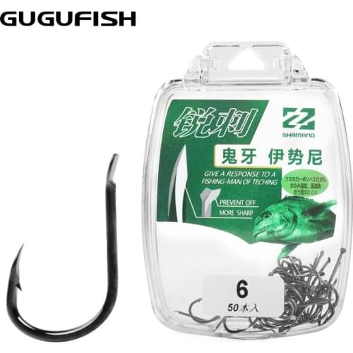 GUGUFISH 50Pcs/box ISEAMA Barbed Black High Carbon Steel Fishing Hooks #1-#13 Hook sharp Durable Pesca Fishing Tackle Box