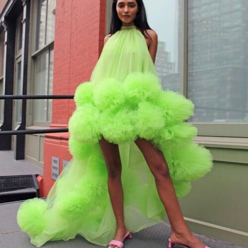 Chic Lemon Green Tutu Evening Dress 2021 High Neck Short Front Long Back Prom Gowns Ruffles Tiered Tulle Cocktail Party Dress