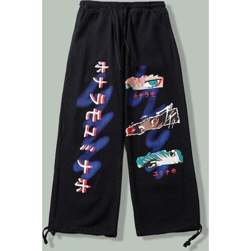 Harajuku Anime Character Print Drawstring Wide Leg Pants Mens Hip Hop Cartoon Printing Trousers 2021Campus Baggy Joggers Pants