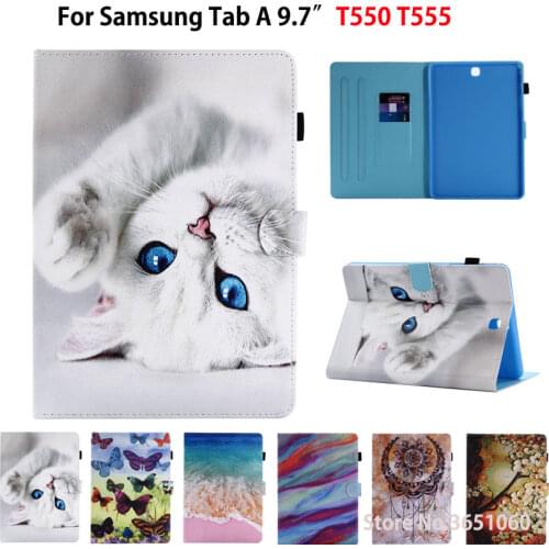 SM-T550 Fashion Cat butterfly Painted Case For Samsung Galaxy Tab A 9.7 SM-T555 T550 P555 Cover Funda Tablet Stand Shell +Gift