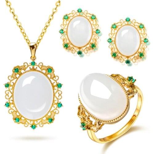 Vintage Female Green Crystal Jewelry Set Charm Gold Color Wedding Stud Earrings For Women Trendy Oval Flower Chain Necklace Ring