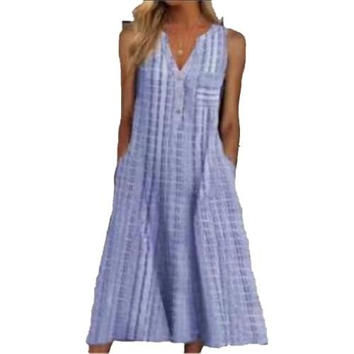 High waist new 2021 summer A-line skirt womens fashion V-neck pocket button loose temperament cotton linen dress