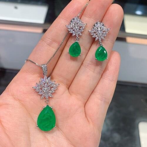 QTT Fashion Water Drop Jewelry Set Emerald Tourmaline Gemstone Bridal S925 Silver Jewelry Sets for Women Wedding Party