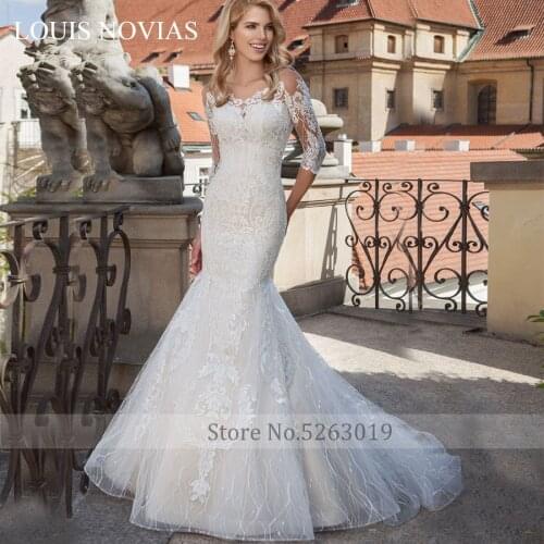 Louis Novias New Design Mermaid Wedding Dress Exquisite Embroidery Mermaid Trumpet Three Quarter Backless Chiffon with Beading