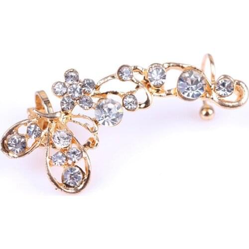 1 pc Chic Retro Crystal Ear Clip Butterfly Flower Gold Ear Cuff Stud Earring Wrap Clip On Ear only right side EAR-0155