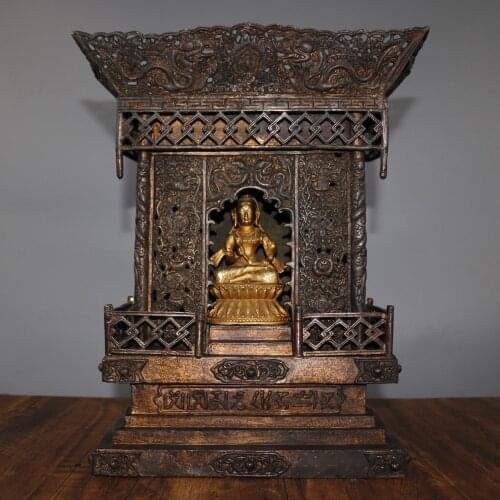 16"Tibet Buddhism Old Bronze Cinnabar Gilt Buddhist altar Buddhist temple enshrined Chilian Guanyin Bodhisattva Statue set