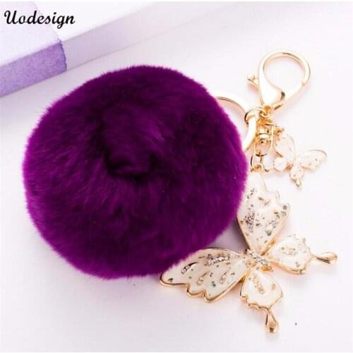 2016 Fashion Women Rabbit Fur Cony Hair Ball Pompom Thrice Tassel Butterfly Keychain Car Handbag Key Ring Pendant Gift