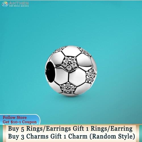 Ahthen S925 Sterling Silver Beads Sparkling Football Charms fit Original Pandora Bracelets Women DIY Jewelry Making