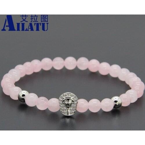 Ailatu New Arrival Exquisite Jewelry 6mm Pink Crystal Stone with CZ Beads Pharaon Bracelet Pulseira Hombres