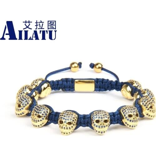 Ailatu Luxury Blue Cz Heart Skull Macrame Bracelets Top Quality Free Logo Service Rope Chain Men Fashion Jewelry