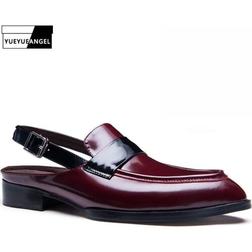 Genuine Leather Pointed Toe Sandals Men 2019 New Summer Brand Luxury Elegant Dress Shoes Designer Hole Breathable Buckle Sandals