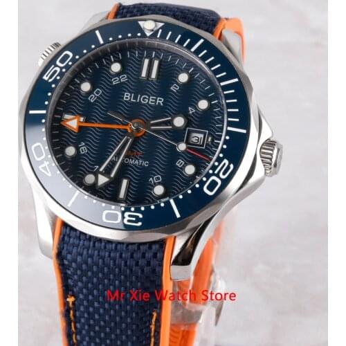 Bliger 41mm Automatic Mechanical Mens Watch GMT Movement Luxury Luminous Waterproof Calendar Sapphire Glass Clock Wristwatch Men