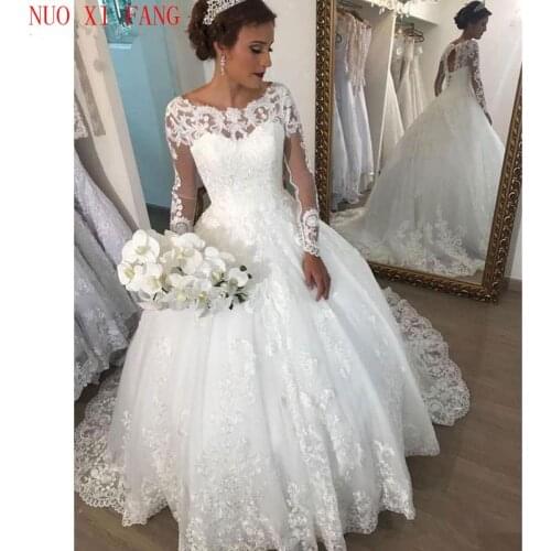 Elegant Scoop Neck Long Sleeve Ball Gown Wedding Dress With Lace Appliques vestido de noiva Wedding Bridal Gowns robe de mariee