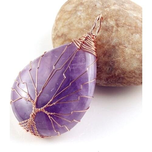 KFT Natural Healing Crystal Quartz Reiki Handmade Wire Wrapped Tree of Life Water Drop Stone Pendant Women Men Jewelry