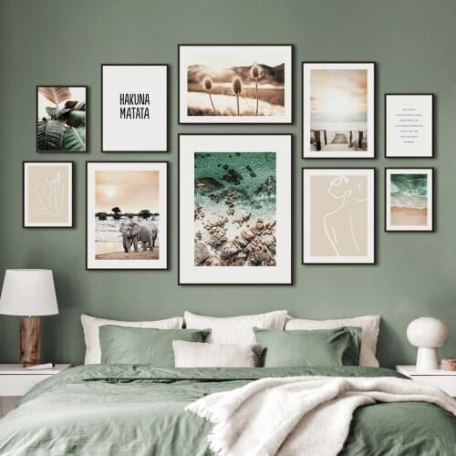 Forest Elephant Beach Tropical Leaves Line Face Wall Art Canvas Painting Nordic Posters And Prints Wall Pictures For Living Room