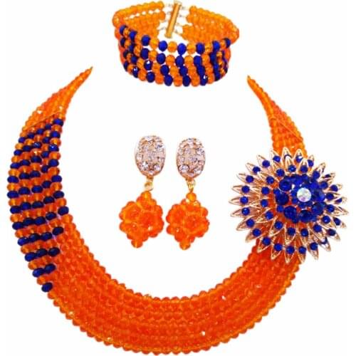 Fashion Orange Royal Blue Multi Strands Statement Necklace African Wedding Beads Nigerian Jewelry Set Crystal 5JZ11