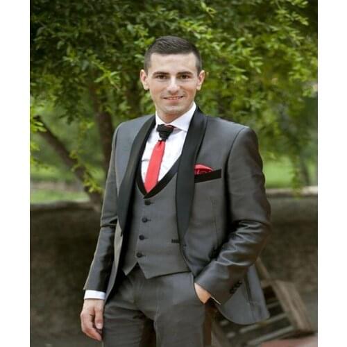 New Stylish Design One Button Dark Grey Groom Tuxedos Shawl Lapel Groomsmen Best Man Suits Mens Wedding Suits (Jacket+Pants+Vest