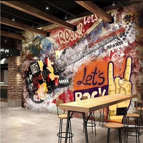 European and American graffiti guitar rock theme wall paper 3D music bar KTV industrial decor background wall mural wallpaper 3D
