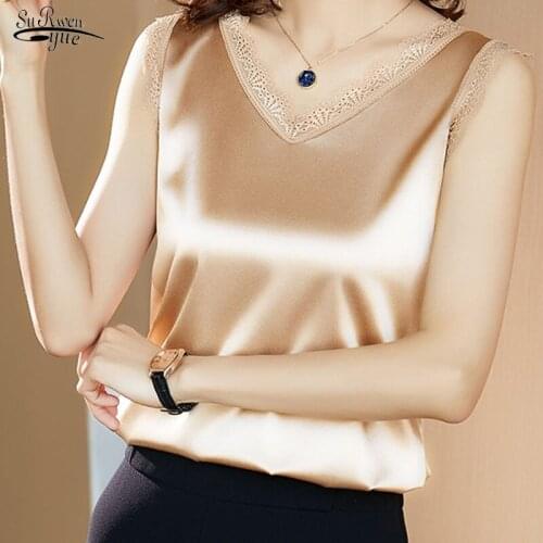 Casual Loose Satin Silk Blouses Tops Summer V-neck Embroidery Lace Shirt Blouses Women Elegant Korean Female Shirts Blusas 13740