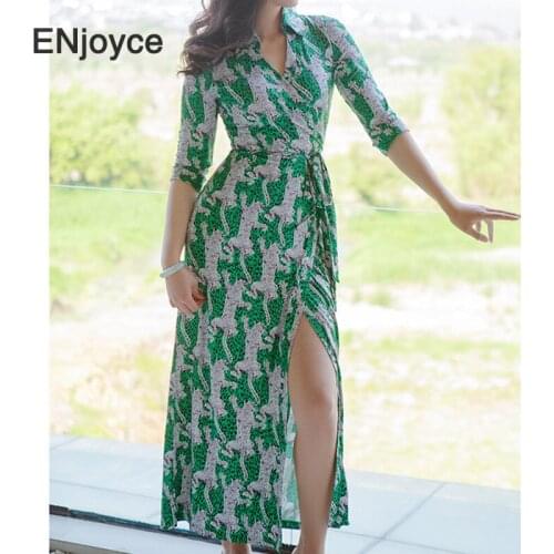 Luxury Printed Maxi Dress Women Vintage Green V Neck Short Sleeve High Waist Wrap Skirt Ladies Elastic Slim Split Long Dresses