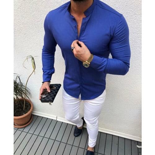 Plus Size New Men Long Sleeve Shirt Button Up Casual Top Male V-Neck Button Tee Shirts M-2XL