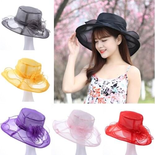 Sun Church Hat Women Fashion Summer Sunshade Radiation Protect Hat Mesh Ruffles Flower Wide Brim Wedding Church Occasional Hats
