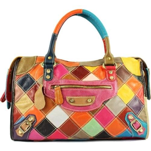 Popular Fashion Natural Genuine Leather Moto & Biker Bag Patchwork Soft Cow Leather Handbag Casual Women Totes