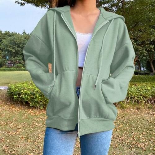 Womens Hooded Sweatshirt with 2 Pockets Solid Color Long Sleeved Zipper Design Loose Casual Plus Size Winter Clothes PR Sale