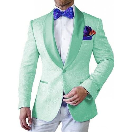 Groomsmen Mint Green Pattern with White Groom Tuxedos Shawl Lapel Men Suits 2 Pieces Wedding Best Man ( Jacket+Pants+Tie ) C797