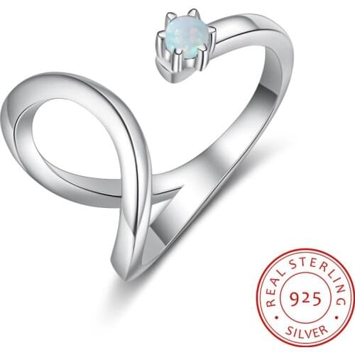 Genuine Women 925 Sterling Silver Open Rings with Small Opal Stone Clear Zirconia Finger Rings Ajustable Size Fine Jewelry