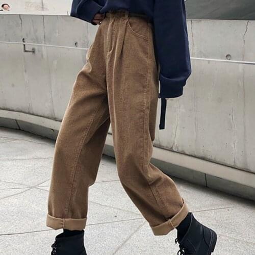 2021Women Casual Pants Retro Vintage Corduroy Spring and Autumn High Waist Loose Slim Solid Casual All-match Straight-Leg Pants