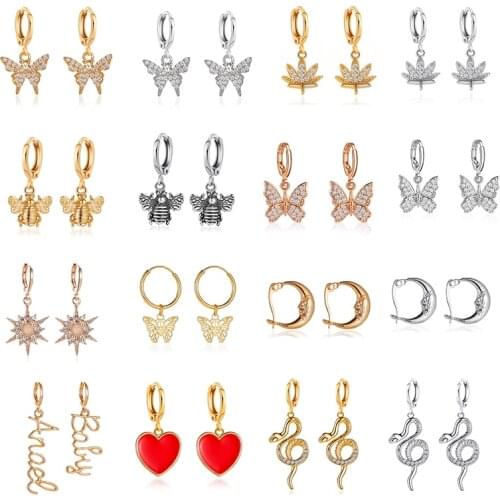 SOHOT 2020 Wholesale Cute Butterfly Bee Leaf Snake Letter Moon Alloy Pendant Women Hoop Earrings Chic For Female Jewelry Brincos