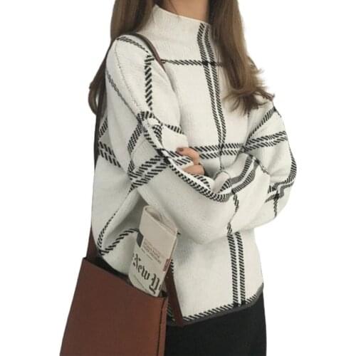 Women Korean Plaid Sweater All-match Half High Neck Pullover Simple Loose Blouse