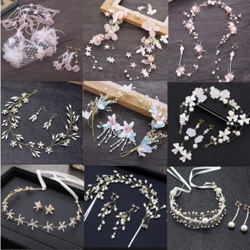 1Set Bridal Fairy Pink Flower headband Hair Jewelry band headdress and earrings Prom Party Wedding Hair Accessories For Brides