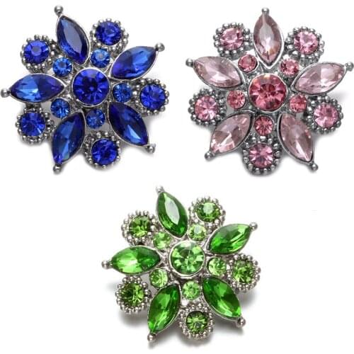 3 Color Flower Shape Rhinestone Style Metal Charms 18mm Snap Button Jewelry For Snap Bracelet Snaps Jewelry KZ0605