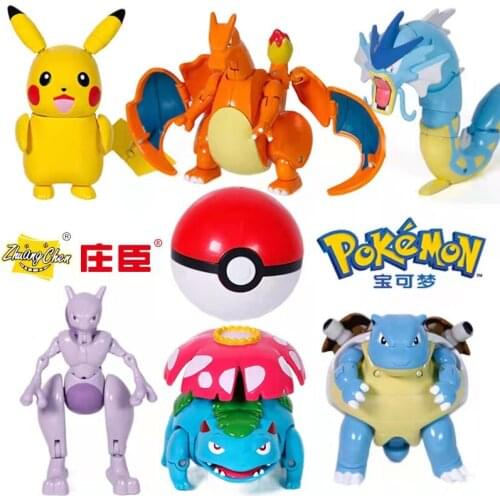6 Pcs/Set Genuine Pokemon Monster Pokeball Deformation Pikachu Blastoise Charizard Anime Figure Movable Quality Model Toy Gift